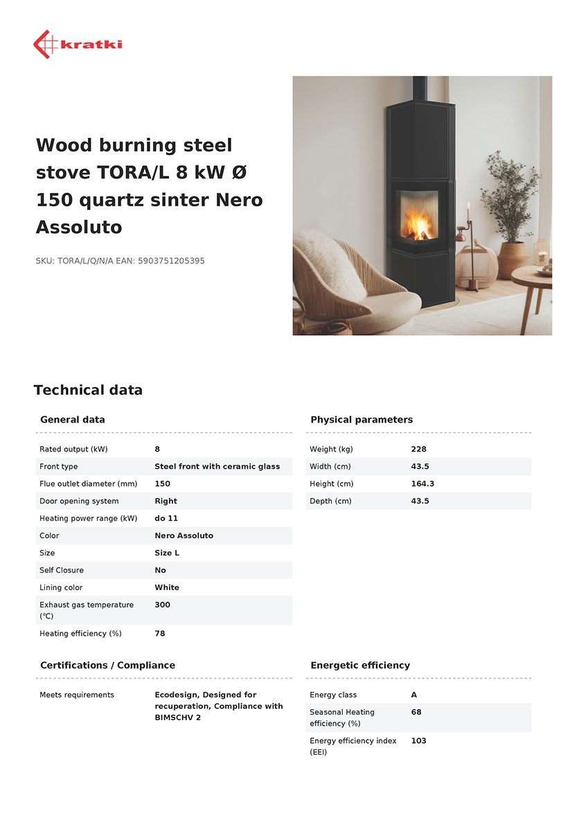KRATKI TORA/L/Q/N/A ECODESIGN 8KW (50-70M2) ΕΝΕΡΓΕΙΑΚΗ ΣΟΜΠΑ ΞΥΛΟΥ ΑΠΟ ΧΑΛΥΒΑ ΜΕ ΛΕΥΚΑ ΚΕΡΑΜΙΚΑ TERMOTEC - Image 4